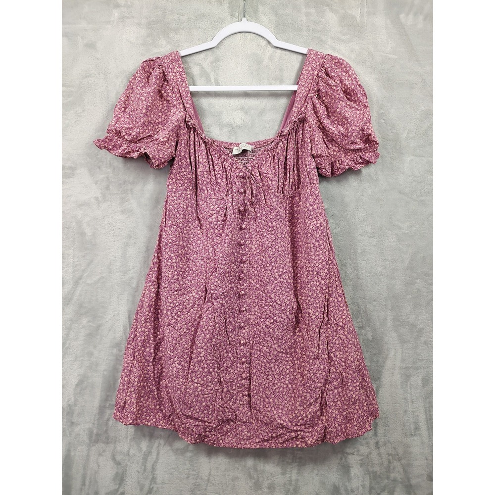 Dress Forum Purple Floral Smocked Back Puff Sleeve Mini Dress FD6913 Womens M